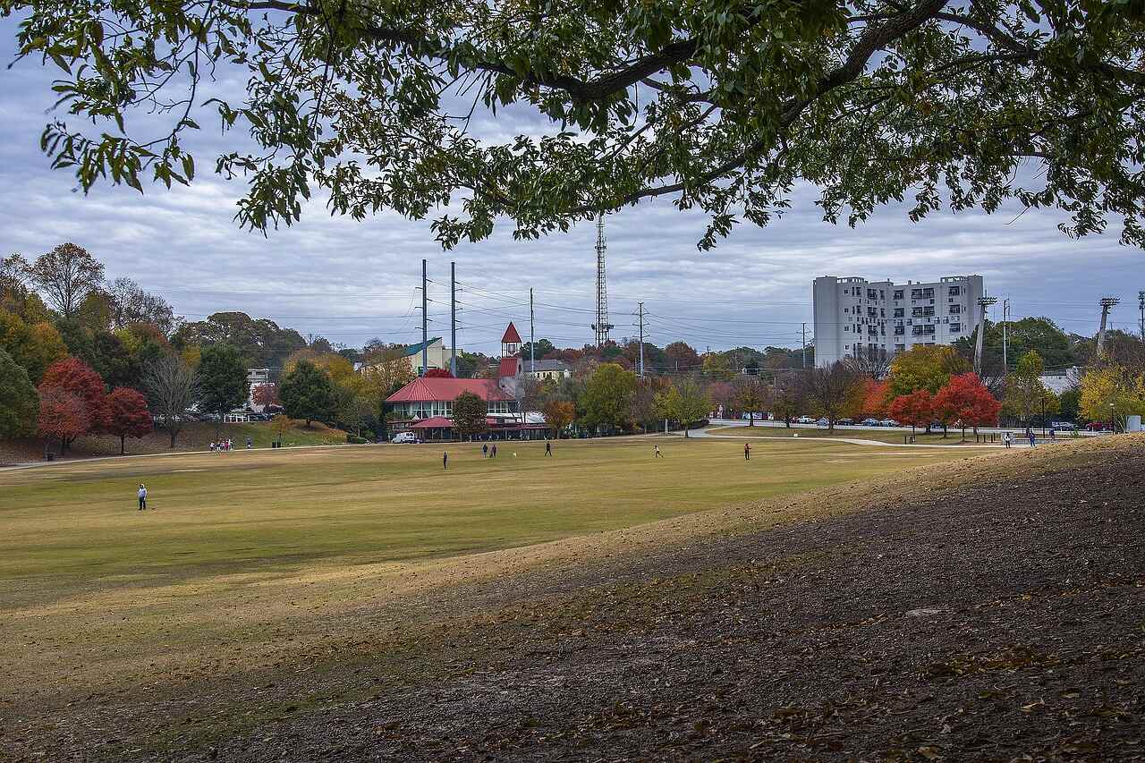 An Atlanta city park with open lawn and a heavy tree line beyond it
