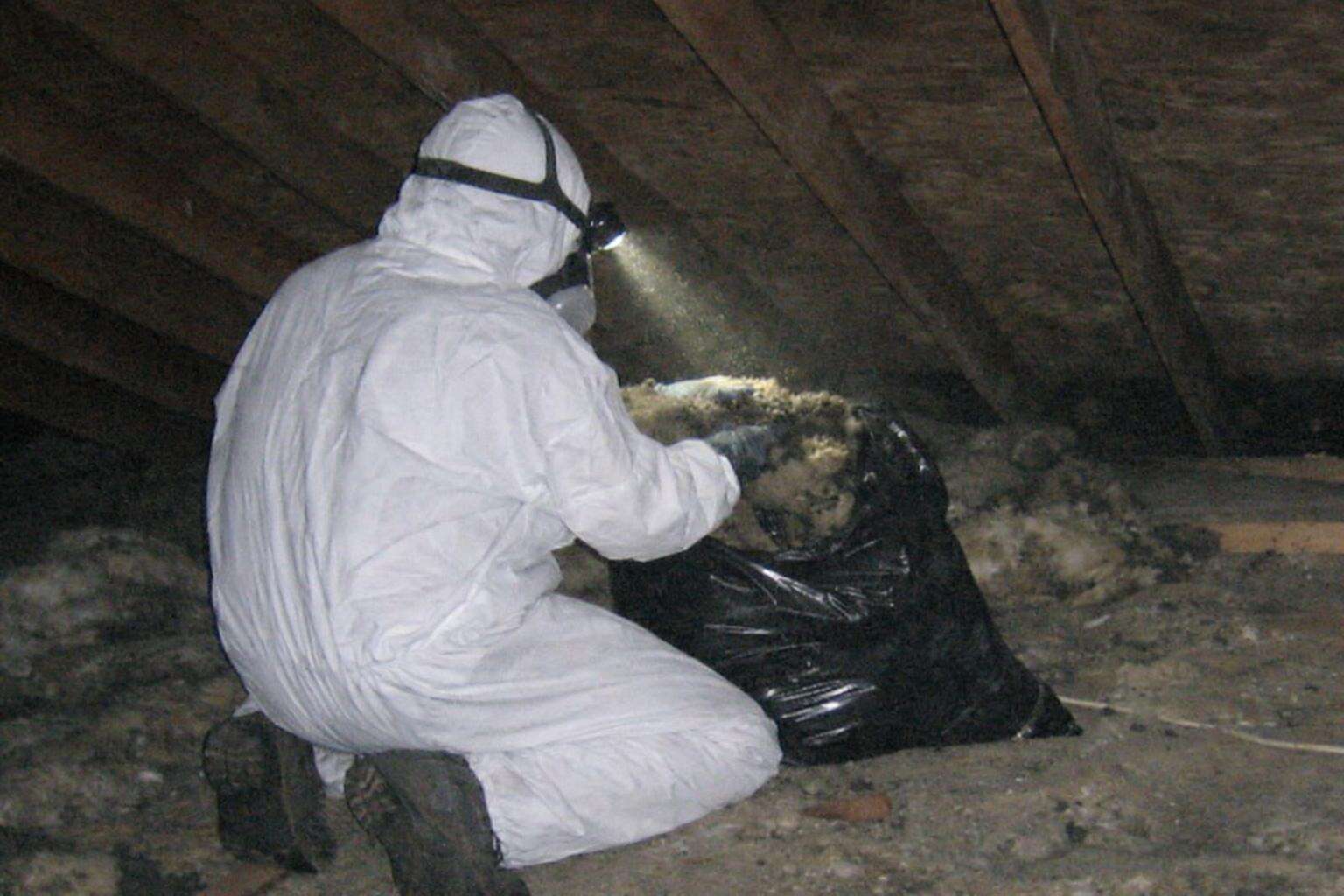 A worker in a white coverall and respirator kneeling in a low attic and bagging soiled insulation, seen from behind